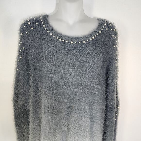 Venus Sweater Womens Size XL Soft Cozy Pearl Trim Gray Ombre Fuzzy Long Sleeve - Picture 3 of 10